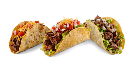 three authentic beef tacos with fresh toppings of lettuce, diced tomatoes, onions, and cheese on a...