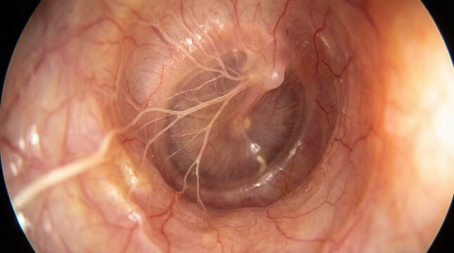 Medical animation showing tinnitus in ear canal concept. Detailed view of an eye's inner structure showcasing nerves.