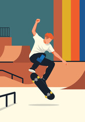 Obraz premium Dynamic vector illustration of a young man performing a skateboarding trick at a skate park, capturing the energy of extreme sports and urban culture
