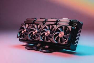 A high-end graphics card is displayed on a gray surface with a blurred background.