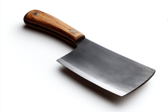 large sharp cleaver knife with wooden handle isolated on white background