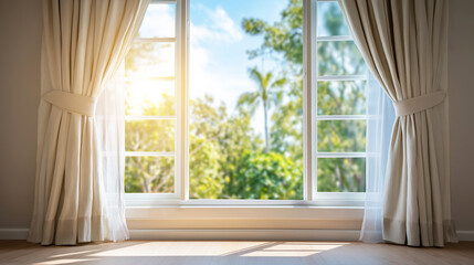 Fototapeta premium Sunny window view looking outside at lush green trees during summer, light falling on wooden floor