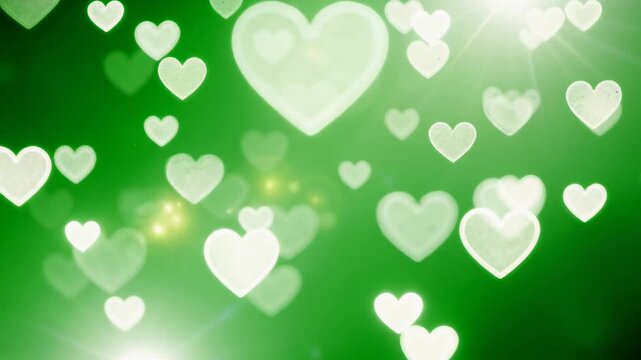 Abstract green background with glowing white heart shapes for love and romance concepts