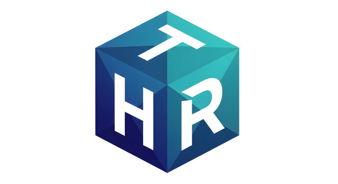 A 3D isometric cube logo featuring the letters T H and R in a blue and teal gradient polygon style