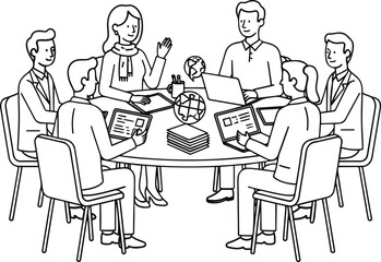 Fototapeta premium A group of people sitting around a table with laptops and books