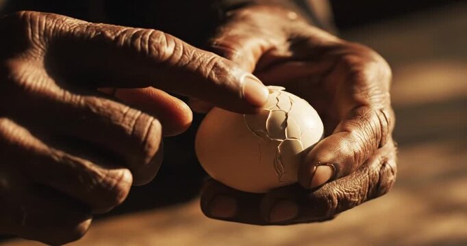 Close up of hands holding egg.