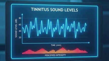Medical animation showing tinnitus in ear canal concept. Graph displaying tinnitus sound levels over time.