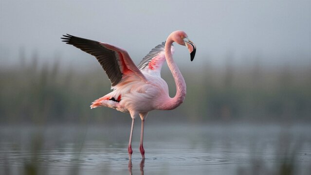 A graceful pink flamingo spreads its wings in shallow water, illuminated by soft golden sunlight during sunrise or sunset. The background is softly blurred with misty tones.