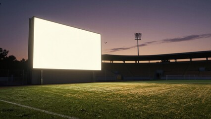 Obraz premium Large blank LED screen at a nighttime soccer stadium with illuminated field and empty stands, ideal for branding.