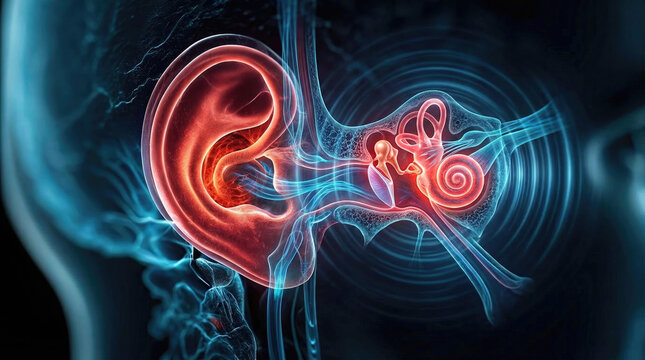 Medical animation showing tinnitus in ear canal concept. Illustration of the human ear anatomy with sound waves.