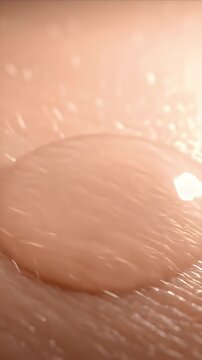 Macro CGI Visualization of Clear Liquid Droplet Forming on Human Skin Texture with Soft Warm Backlighting Ideal for Skincare Formulations