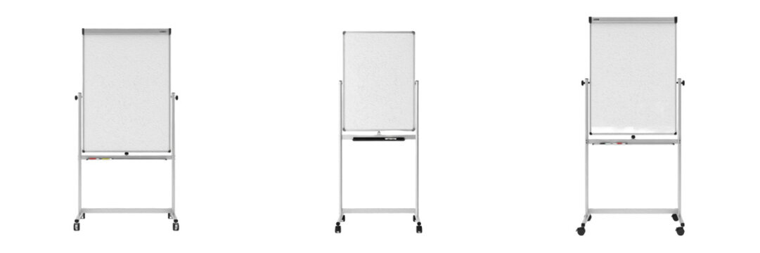 Set of three mobile whiteboards on wheels, adjustable magnetic flipchart stands for office presentations and classrooms isolated on white background.