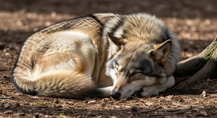 Obraz premium A wild wolf curled up and sleeping on a bed of dry leaves