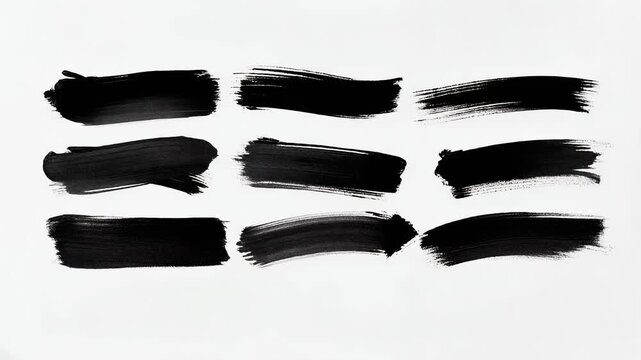 Set of black ink brush strokes on white background for creative design and artistic projects