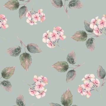 Delicate seamless watercolor pattern with pink hydrangea flowers and green leaves on a gray background. Romantic botanical design ideal for textiles, wrapping paper, stationery, and feminine decor