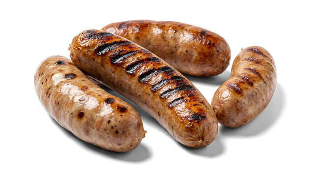 four delicious grilled sausages with prominent grill marks, presented on a transparent background for versatile integration into food-related graphic designs and marketing materials.