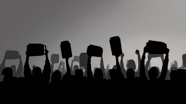 Silhouette of protesters raising empty fuel cans in fictional economic protest