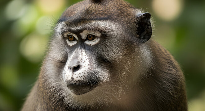 A close-up portrait of a large primate with brown fur and expressive eyes looking to the side