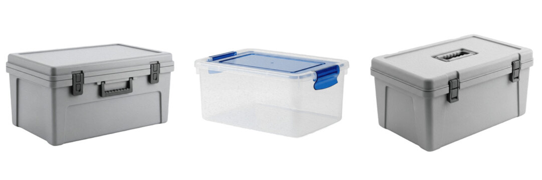 Set of durable plastic storage containers with lids, grey heavy-duty tool boxes and transparent clear organizer bin isolated on white background.