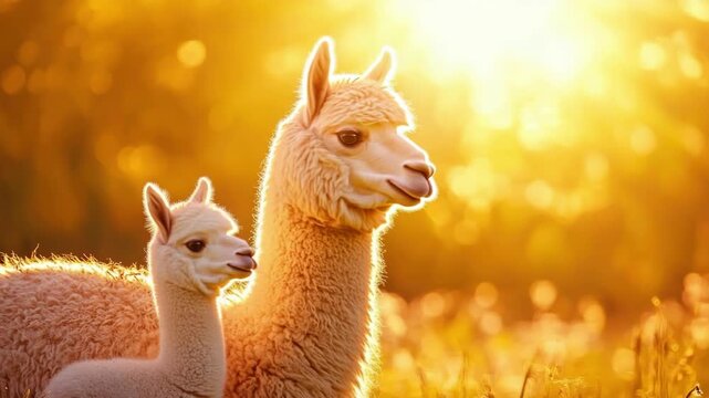 Adorable llamas in sunlit field. Mother's Day, Mothering Sunday, Dia de la Madre - Global Maternal Celebration, Worldwide Family Holiday