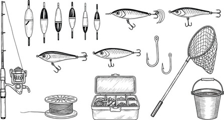 Fishing equipment vintage sketch vector set with rod, floats, hooks, lures, landing net, tackle box, bucket, and fishing gear illustrations © sumi
