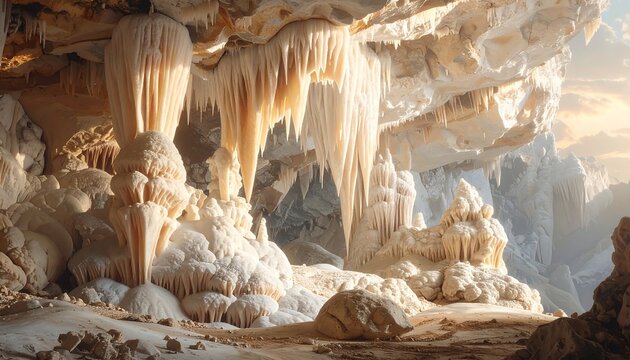 A large cave with intricate formations and icicle-like structures