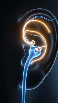 Medical CGI Visualization of the Inner Ear Anatomy and Sound Wave Transmission with Blue and Orange Neon Accents on a Dark Background