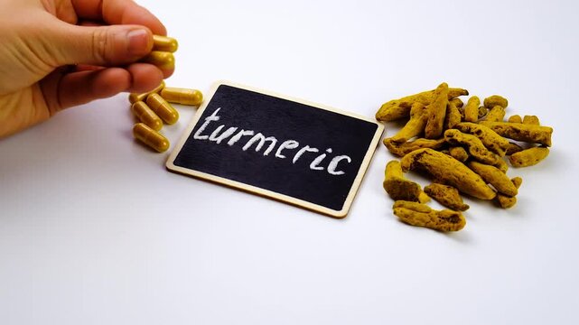 Turmeric root for supplements and essential oils. Selective focus.