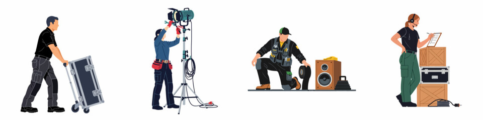 Set of vector illustrations showing a professional stagehand crew working with equipment, lighting, and logistics for event production and backstage setup.