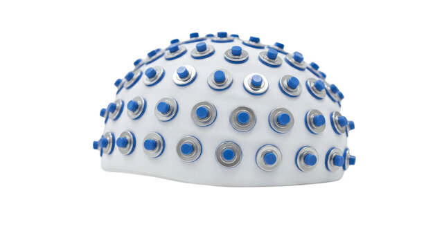 EEG electrode cap with blue and silver buttons