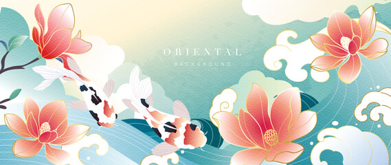 Koi fish and magnolia oriental background vector. Pink flowers, clouds and swimming koi in elegant Asian design for banner, greeting card, wall art, packaging and digital media. © TWINS DESIGN STUDIO