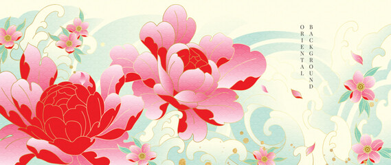 Plakat Peony flower Japanese background vector. Red and pink peony blooms with soft ornamental details in elegant oriental floral design for banner, wall art, packaging and digital media.