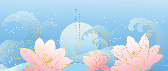 Lotus and Japanese wave pastel background vector. Pink lotus flowers with soft blue water and elegant golden wave lines for banner, greeting card, wall art and packaging. © TWINS DESIGN STUDIO