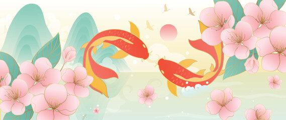 Koi fish and cherry blossom oriental background vector. Red koi with pink sakura flowers in soft Asian spring landscape for banner, greeting card, wall art, packaging and digital media. © TWINS DESIGN STUDIO