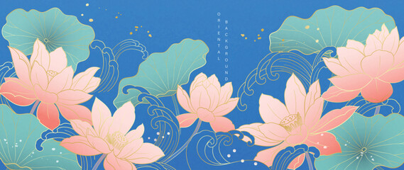 Plakat Lotus and Japanese wave oriental background vector. Pink lotus flowers on deep blue water with elegant golden wave lines for banner, wall art, packaging and digital media.