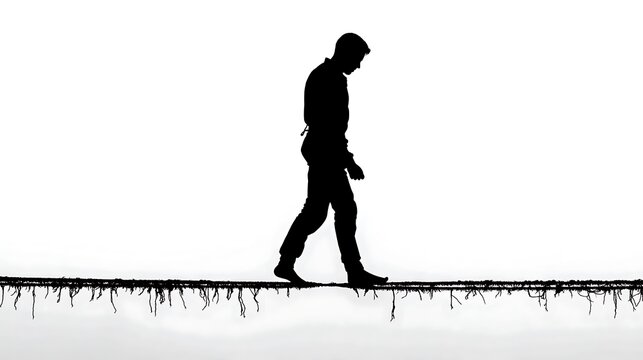 Silhouette of a determined man carefully walking barefoot across a thin precarious rope signifying challenge and risk in motion footage