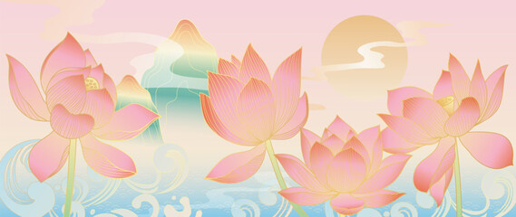 Naklejka premium Lotus flower moonlight oriental background vector. Pink lotus blooms, mountains and water in soft pastel Asian landscape for banner, wall art, packaging and digital media.