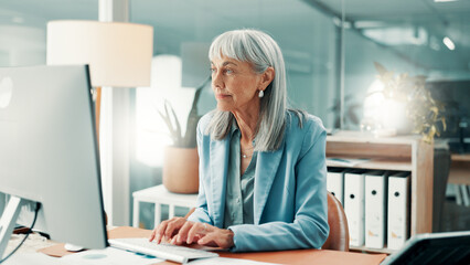 Computer, reading or woman with typing in office, company expenses or budget plan for money...