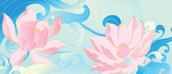 Lotus flower oriental water background vector. Pink lotus blooms with flowing blue water in elegant Asian floral design for banner, greeting card, wall art and packaging. © TWINS DESIGN STUDIO