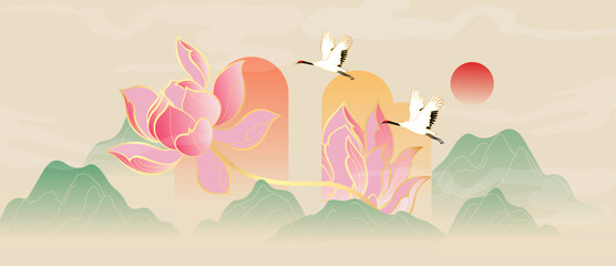 Obraz premium Lotus and mountain oriental background vector. Pink lotus flowers, green hills, flying birds and soft sunrise in elegant Asian landscape for banner, wall art and packaging.