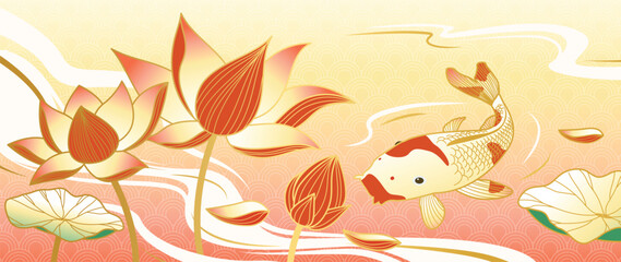 Naklejka premium Lotus and koi fish oriental background vector. Orange koi swimming among lotus flowers and leaves in soft pastel water landscape for banner, card, packaging and digital media.