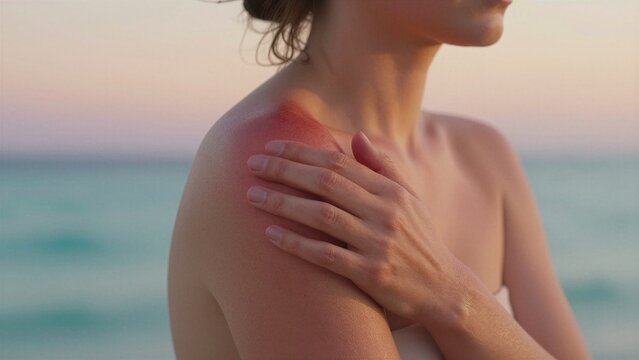 A woman with a visibly sunburned shoulder, hand gently touching the irritated area, set against a soft-focus beach backdrop under warm sunlight.