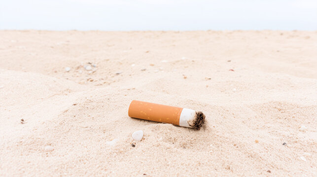 Discarded cigarette butt on a sandy beach. Environmental pollution from tobacco waste. Littering and its impact on nature and coastlines.