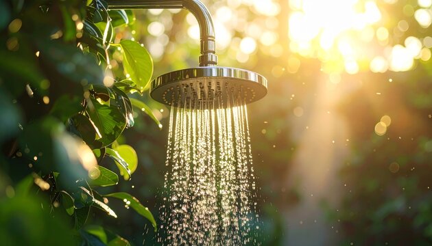 A metal showerhead in a blue bathroom sprays a fresh stream of flowing water drops, creating a clean and wet splash of liquid hygiene as a hot wash falls from the spray head