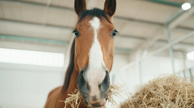 Close up portrait of brown horse eating hay in stable. Equine face looking at camera while feeding in barn. Animal care and farming