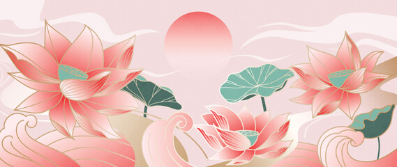 Obraz premium Lotus flower oriental background vector. Pink lotus blooms with sunrise, soft waves and leaves for banner, greeting card, wall art, packaging and digital media.
