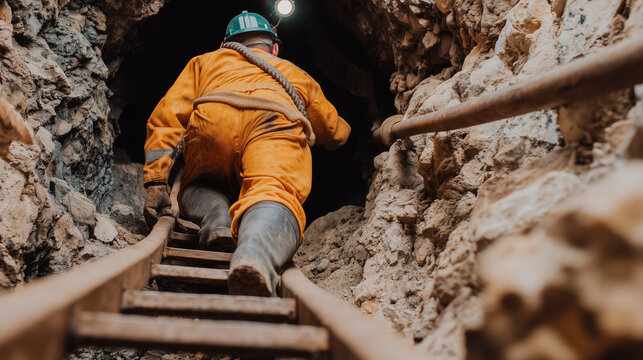 Male miner in orange jumpsuit climbing a ladder in an underground mine. Worker with headlamp ascending from a dark tunnel. Hard work, industrial labor, and resource extraction