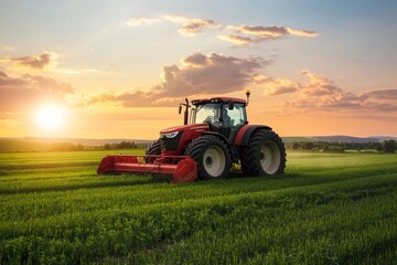 Obraz premium Red tractor works in green field at sunset while cultivating crops and plowing land in rural landscape scene
