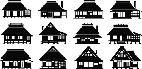 Fototapeta premium Traditional Japanese house silhouette vector set with rural village homes, wooden architecture, thatched roof cottages, and classic Asian building icons