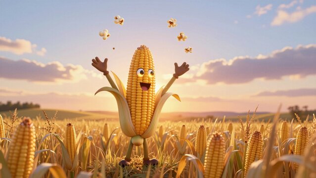 A cheerful anthropomorphic corn character leaps joyfully in a golden field, throwing popcorn into the air against a soft-focus sunset backdrop.